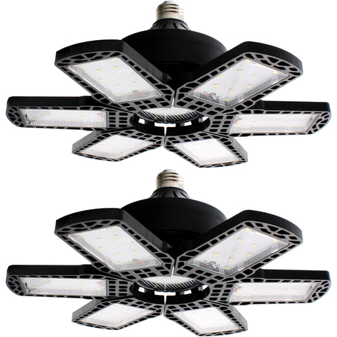 Jaspertronics™ 2 Pack LED Adjustable 6 Leaf Garage Light, 200W 20000 Lumen 6500K - Deformable 6+1 Panels, E26/E27 Screw-In Ceiling Lights for Shop, Garage, Workshop, Basement, Barn, & More