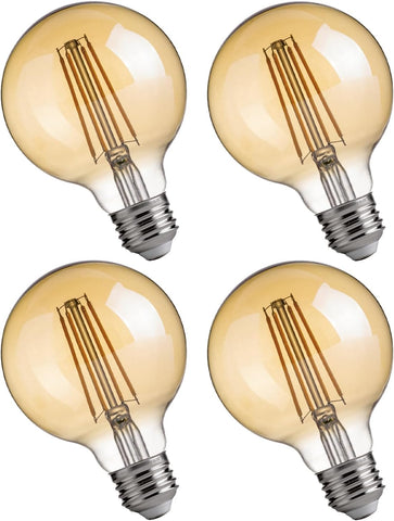 Jaspertronics™ G25 LED Edison Light Bulbs - 2200K Warm White, Dimmable, 4W (40W Equivalent), 350LM, E26 Base, Amber Glass, CRI90, Energy-Efficient Accent Lighting for Indoor Use - 4 Pack