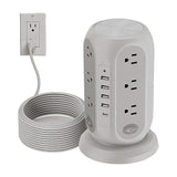 Jaspertronics™ Power Strip Tower Surge Protector w/ 12 outlets & 5 USB Ports, showing a heavy-duty, space-saving power socket designed for industrial, home, and office use with durable construction and safety features.