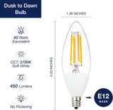 Jaspertronics™ Dusk to Dawn Outdoor Sensor LED Edison Bulbs, 4W (40W Eqv.), 450LM, B11 LED Candelabra Bulb E12 Base, Auto On/Off Photocell for Energy-Efficient, 2700K Soft White, 4 Pack