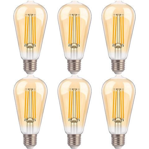 Jaspertronics™ ST19 LED Edison Bulbs - 2200K Warm White, Amber Glass, 4W (40W Equivalent), Dimmable, CRI90+, 400LM, E26 Base, Energy-Efficient Vintage Light for Pendant Fixtures & Indoor Use - 6 Pack