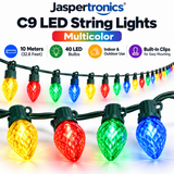 Jaspertronics C9 LED multicolor Christmas string lights, 40 yellow red green blue bulbs, 10 meters / 32.81 feet