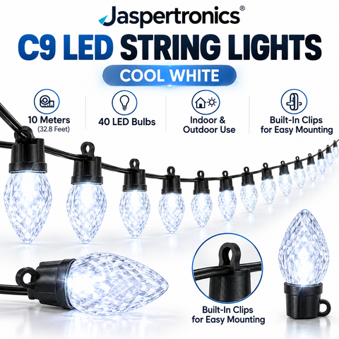 Jaspertronics C9 LED Cool White Christmas string lights, 40 bulbs, 10 meters / 32.81 feet long